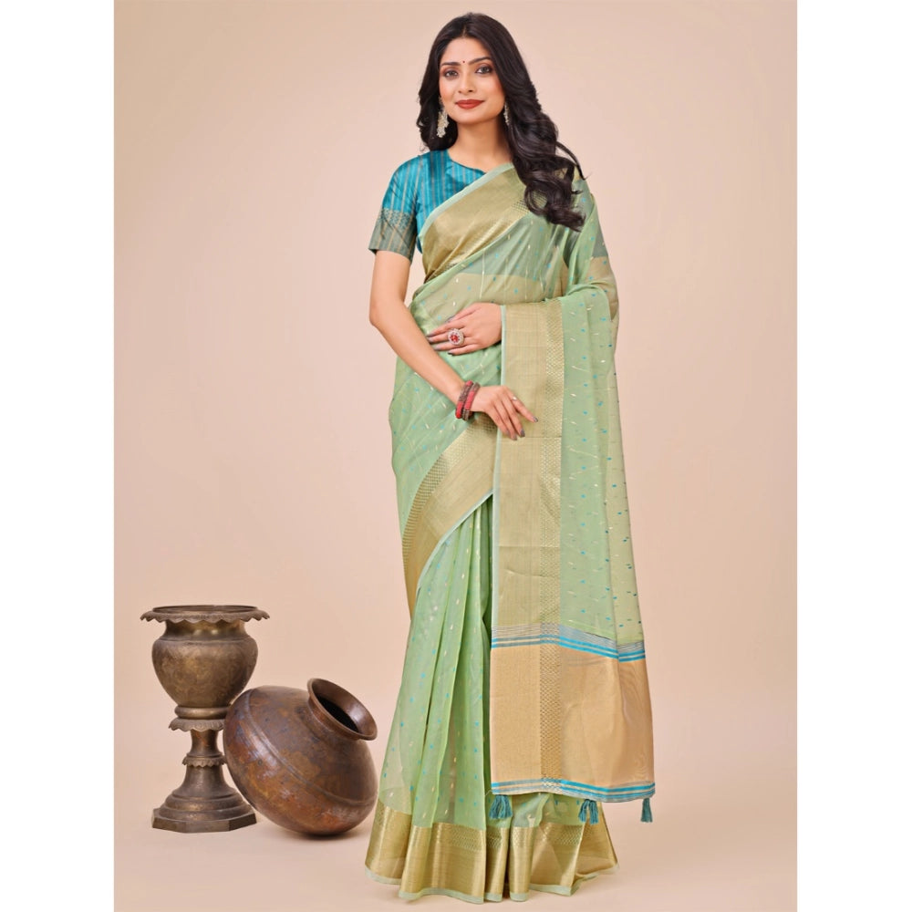 Generic Women's Organza Printed Saree With Unstitched Blouse 5.5Mtr (Green) Main image