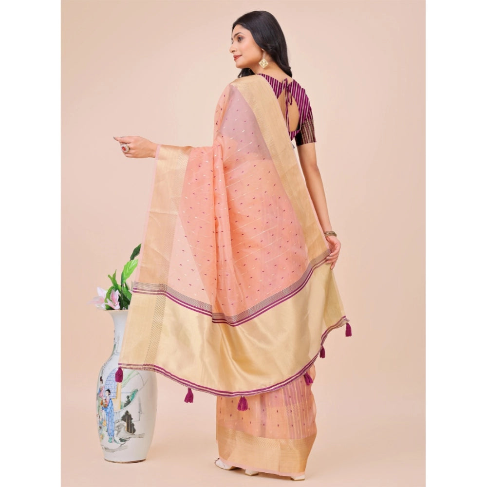 Generic Women's Organza Printed Saree With Unstitched Blouse 5.5Mtr (Light Pink) Secondary image