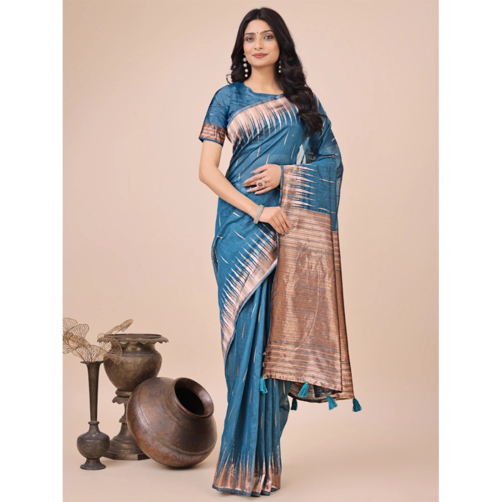 Generic Women's Linen Cotton Printed Saree With Unstitched Blouse 5.5Mtr (Blue) Main image