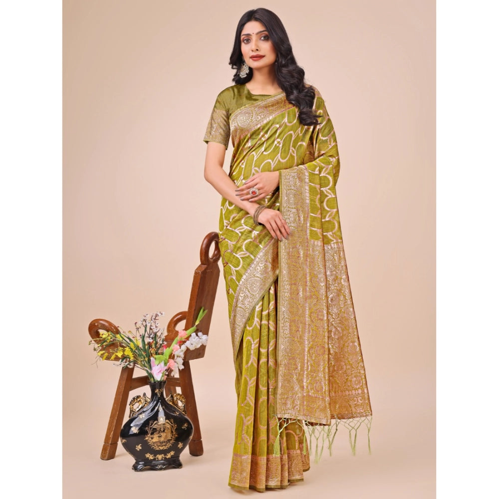 Generic Women's Linen Cotton Printed Saree With Unstitched Blouse 5.5Mtr (Olive Green) Main image