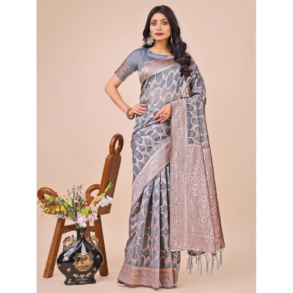 Generic Women's Linen Cotton Printed Saree With Unstitched Blouse 5.5Mtr (Grey) Main image