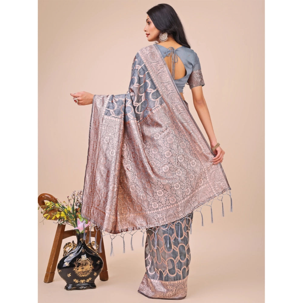 Generic Women's Linen Cotton Printed Saree With Unstitched Blouse 5.5Mtr (Grey) Secondary image
