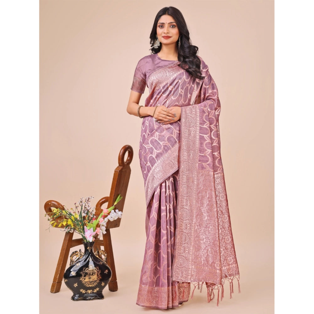 Generic Women's Linen Cotton Printed Saree With Unstitched Blouse 5.5Mtr (Purple) Main image