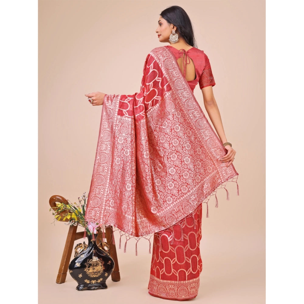 Generic Women's Linen Cotton Printed Saree With Unstitched Blouse 5.5Mtr (Red) Secondary image