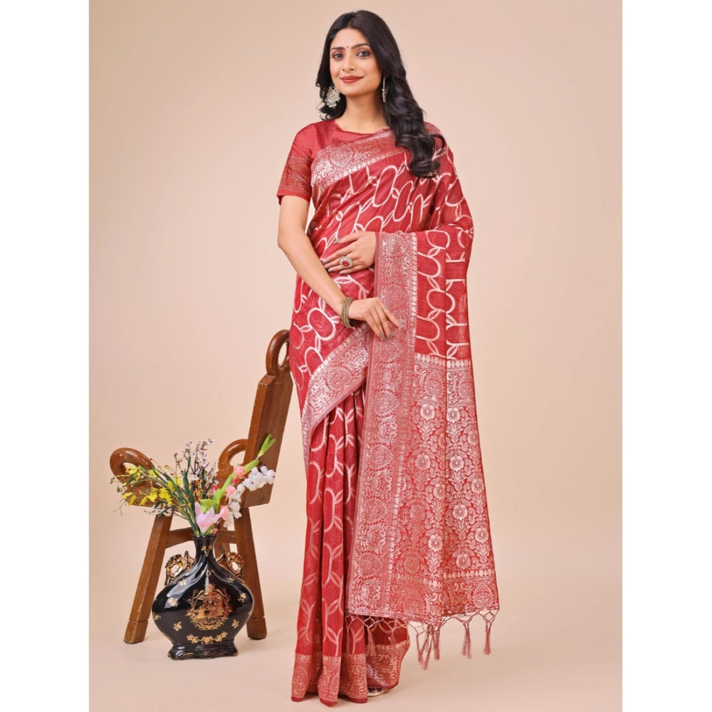 Generic Women's Linen Cotton Printed Saree With Unstitched Blouse 5.5Mtr (Red) Main image
