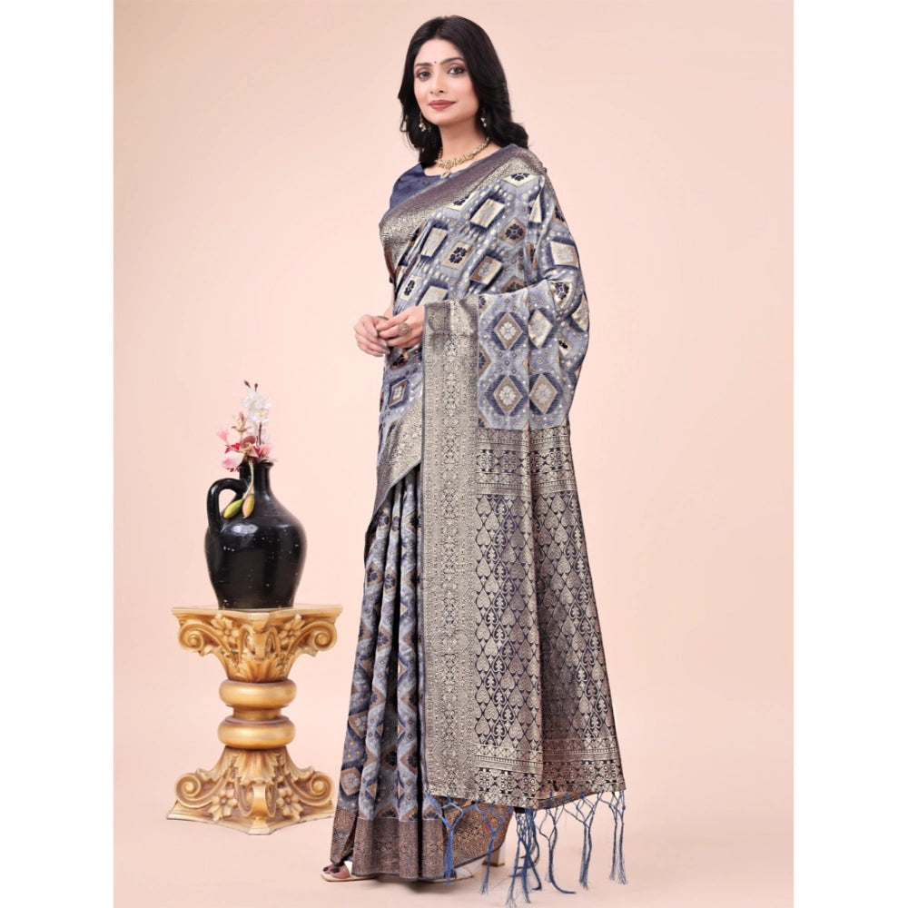 Generic Women's Cotton Printed Saree With Unstitched Blouse 5.5Mtr (Navy Blue)