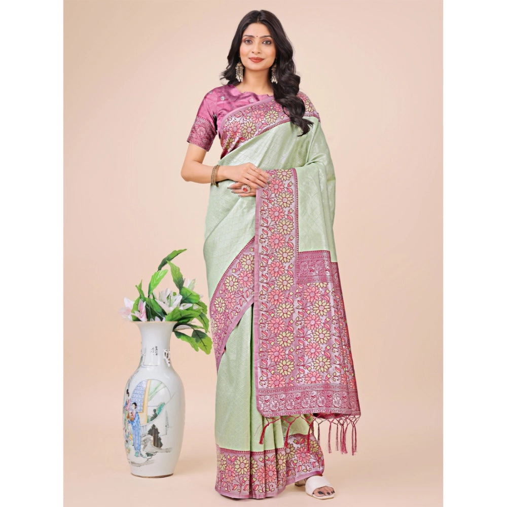 Generic Women's Lichi Silk Printed Saree With Unstitched Blouse 5.5Mtr (Olive Green) Main image