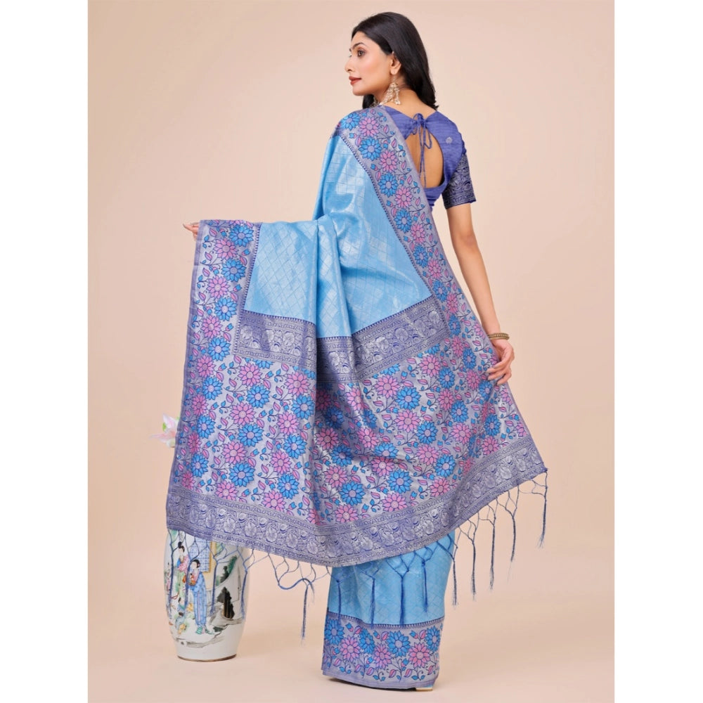 Generic Women's Lichi Silk Printed Saree With Unstitched Blouse 5.5Mtr (Sky Blue) Secondary image