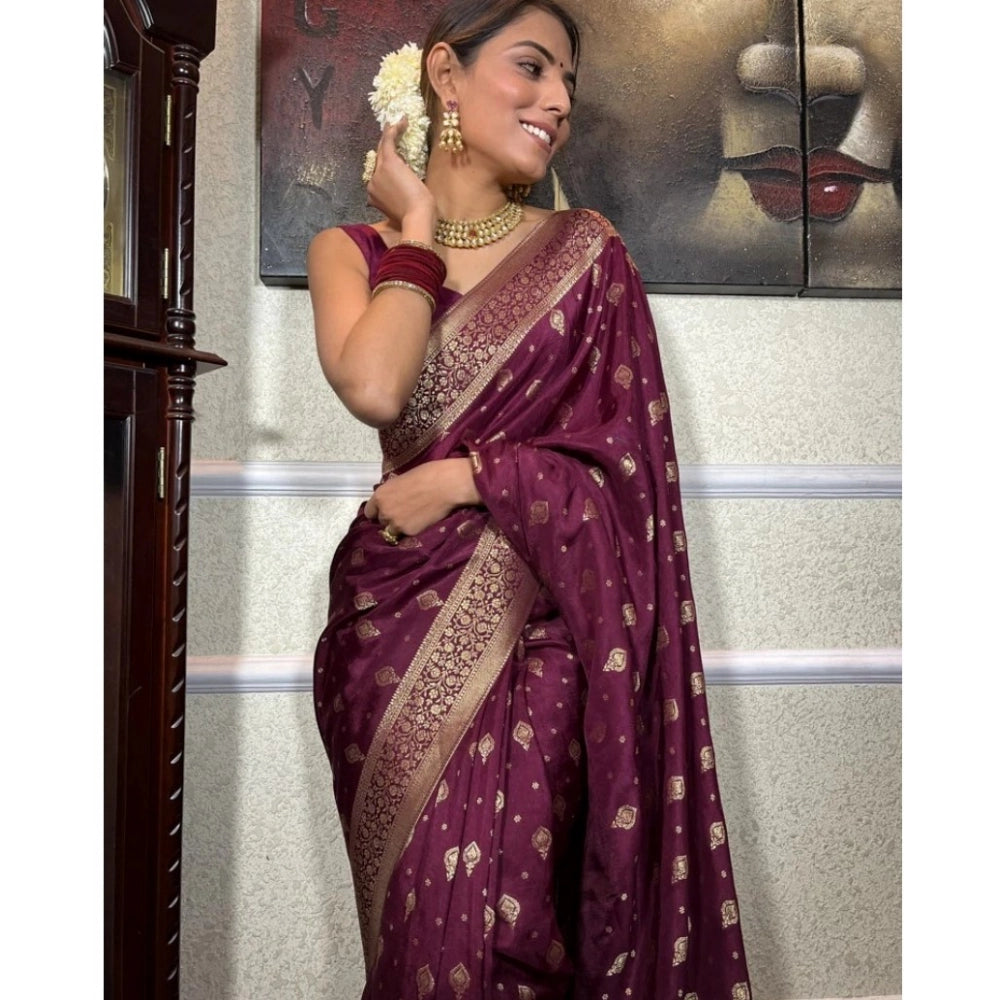 Generic Women's Silk Printed Saree With Unstitched Blouse 5.5Mtr (Wine) Secondary image