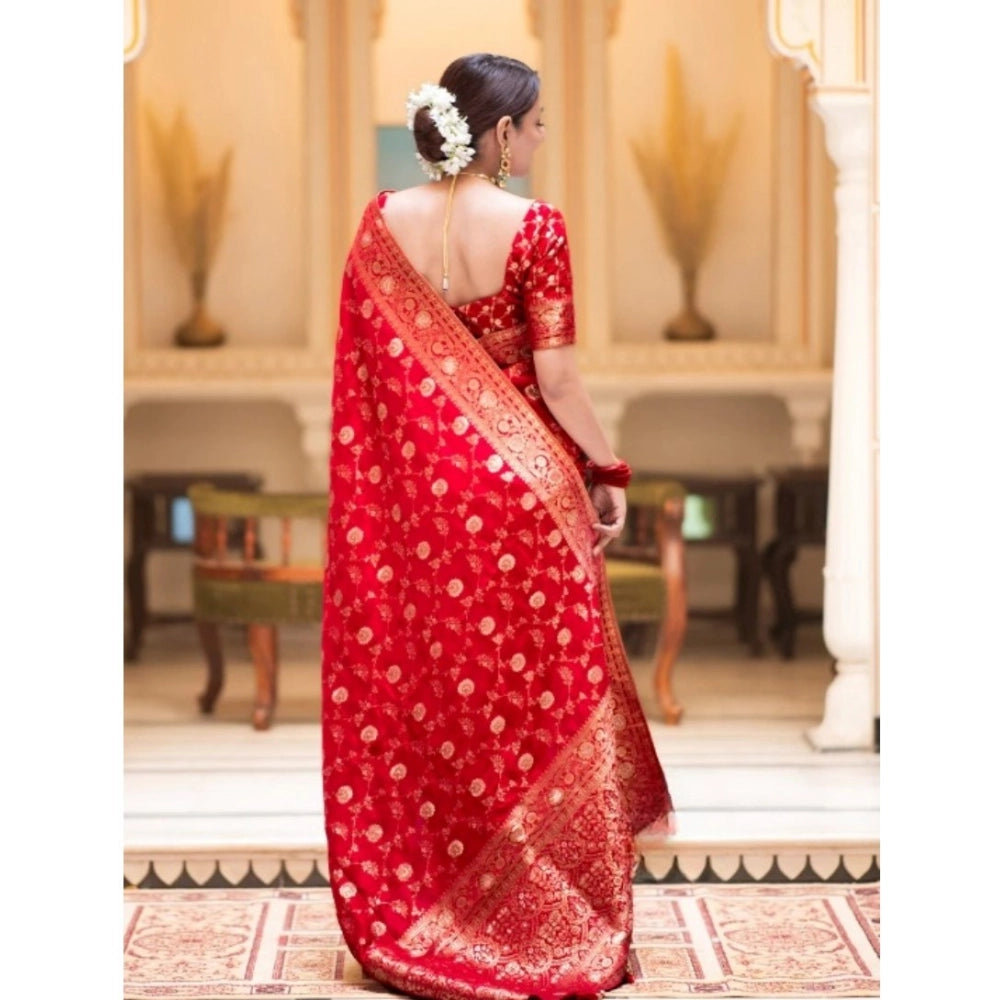 Generic Women's Silk Printed Saree With Unstitched Blouse 5.5Mtr (Red) Secondary image