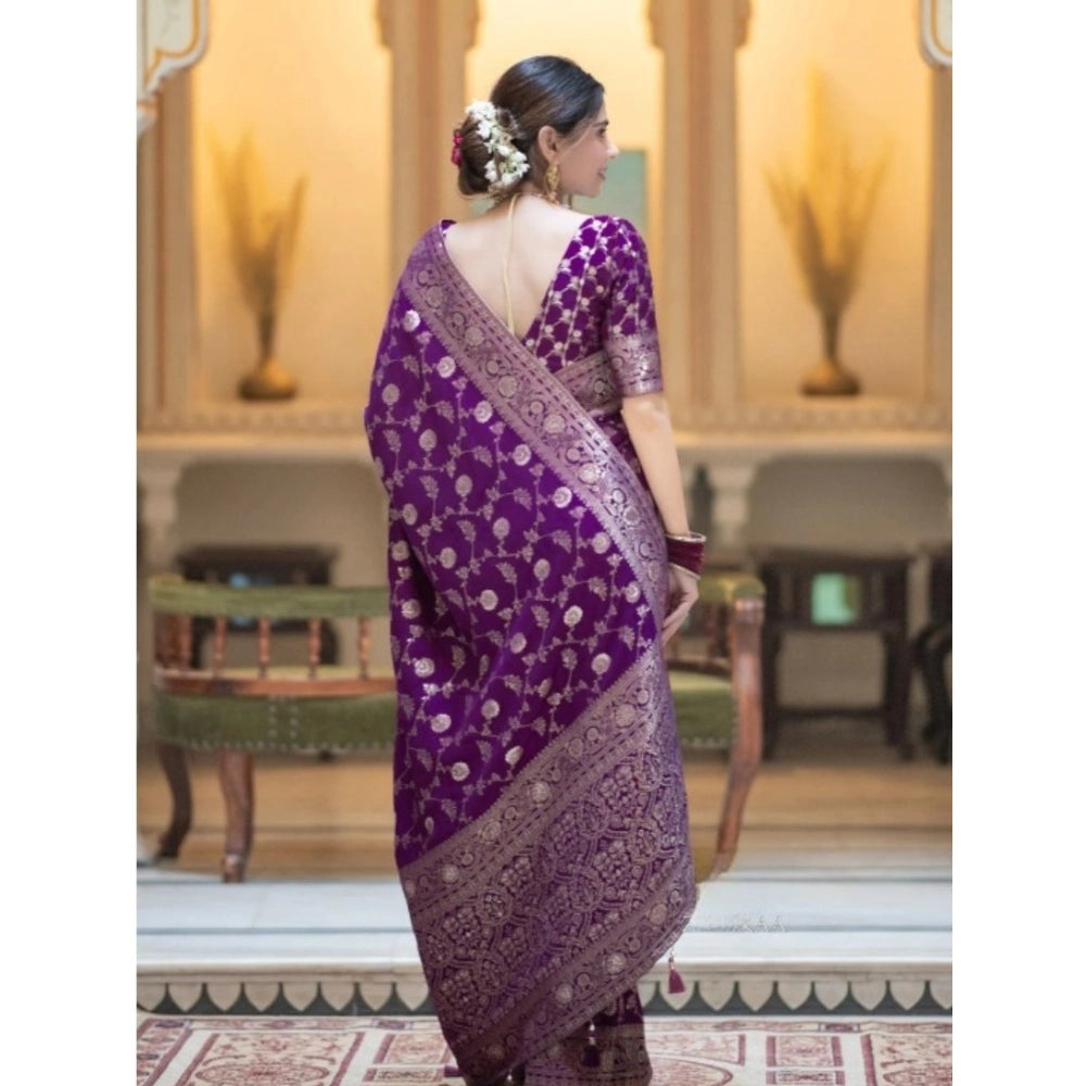Generic Women's Silk Printed Saree With Unstitched Blouse 5.5Mtr (Purple) Secondary image