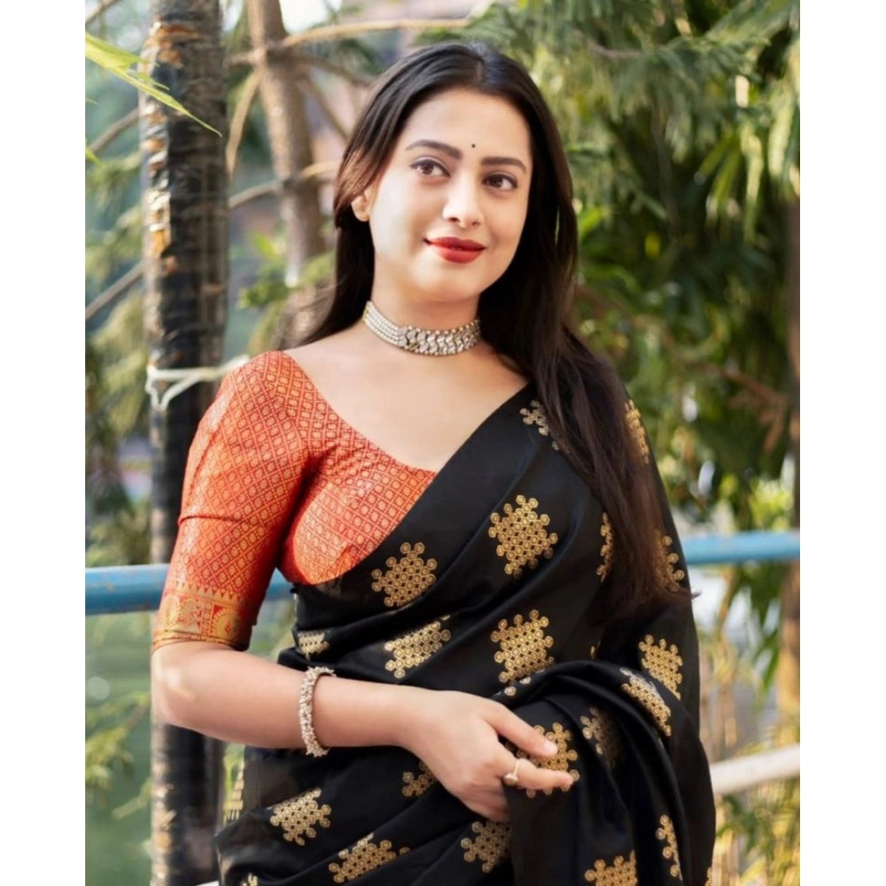 Generic Women's Silk Printed Saree With Unstitched Blouse 5.5Mtr (Blacl-Orange) Secondary image