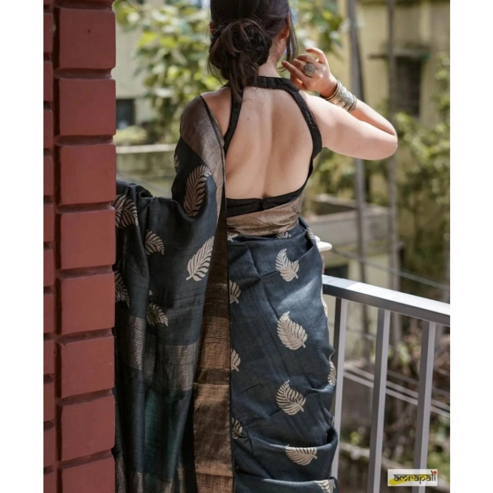 Generic Women's Silk Printed Saree With Unstitched Blouse 5.5Mtr (Black) Secondary image