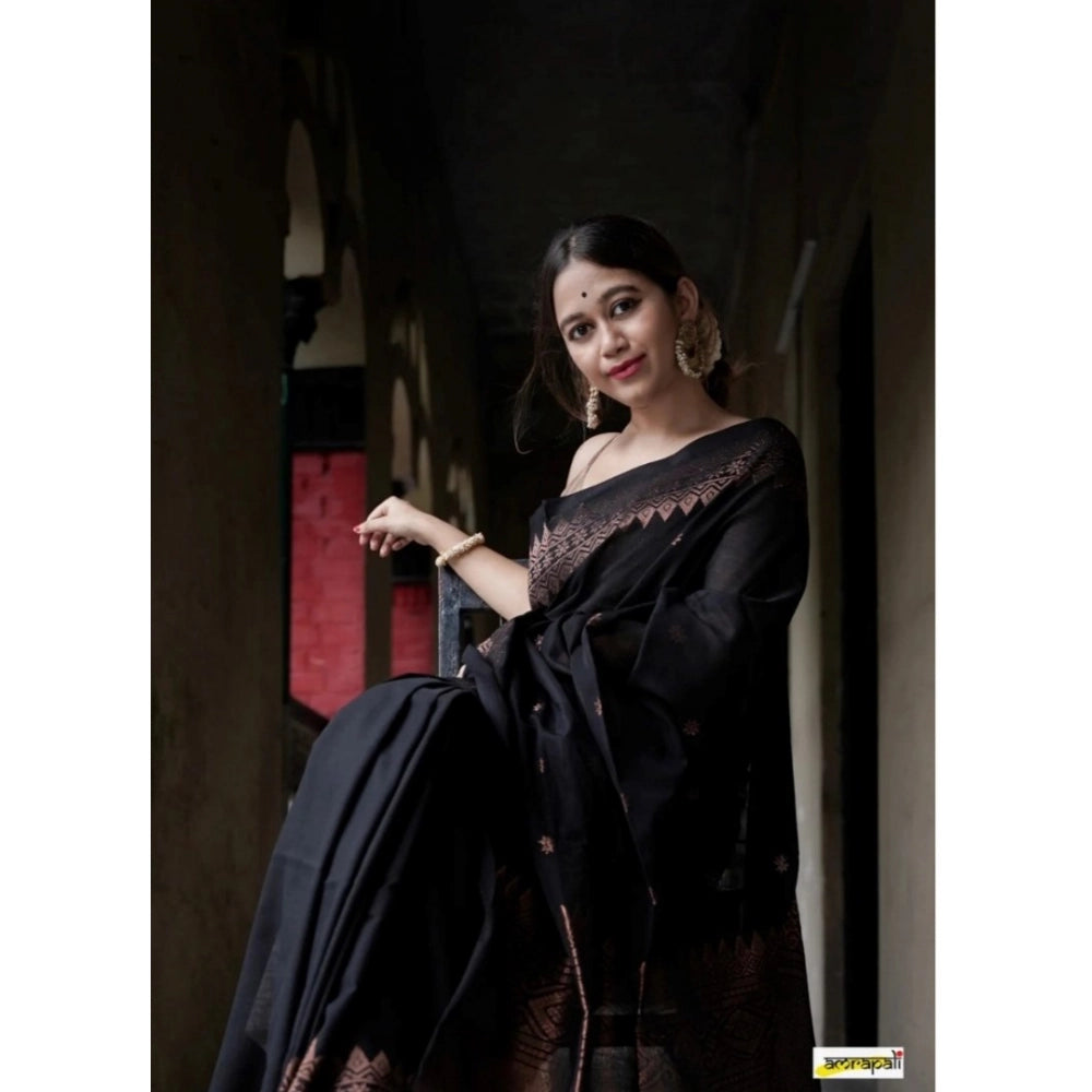 Generic Women's Silk Printed Saree With Unstitched Blouse 5.5Mtr (Black) Secondary image