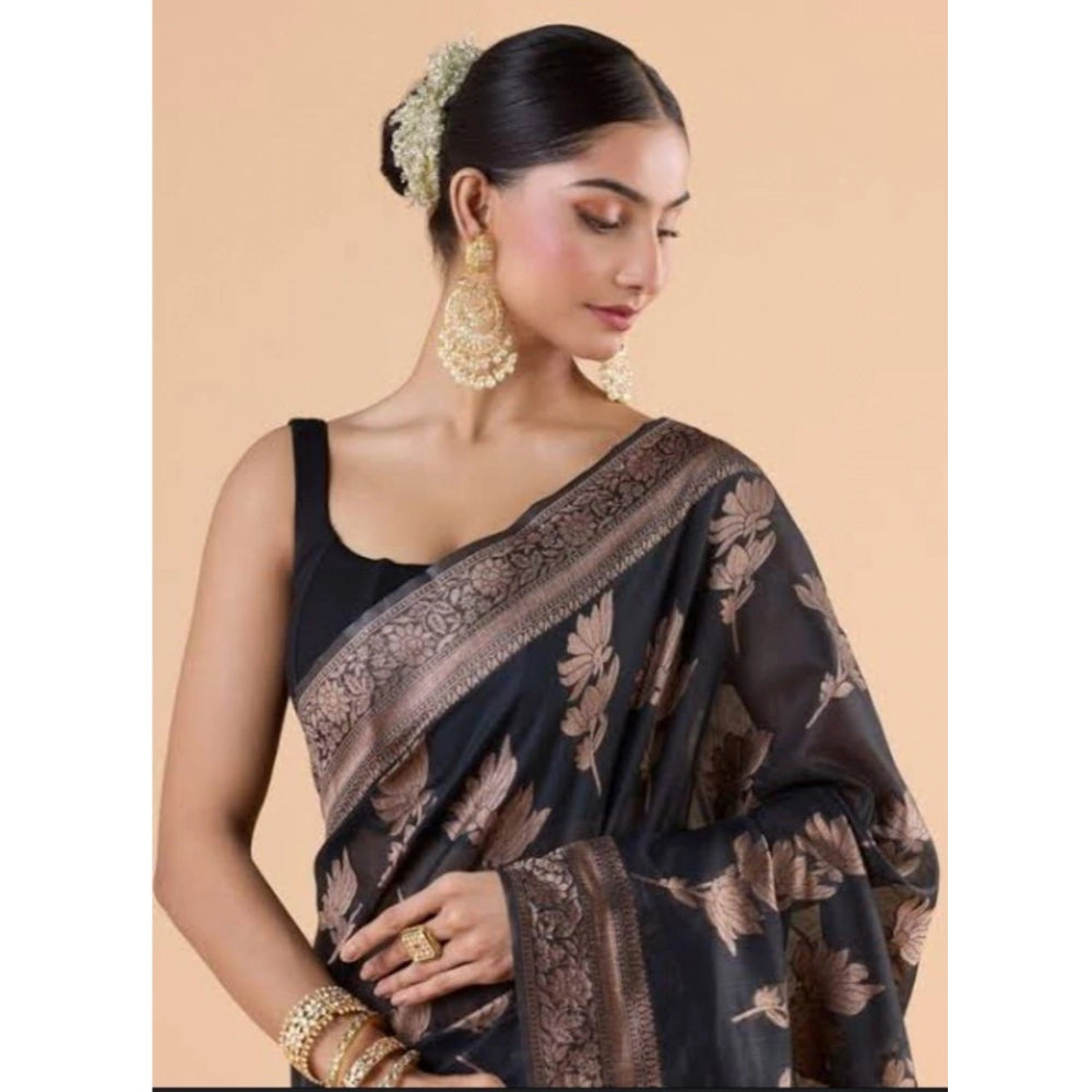 Generic Women's Silk Printed Saree With Unstitched Blouse 5.5Mtr (Black) Secondary image