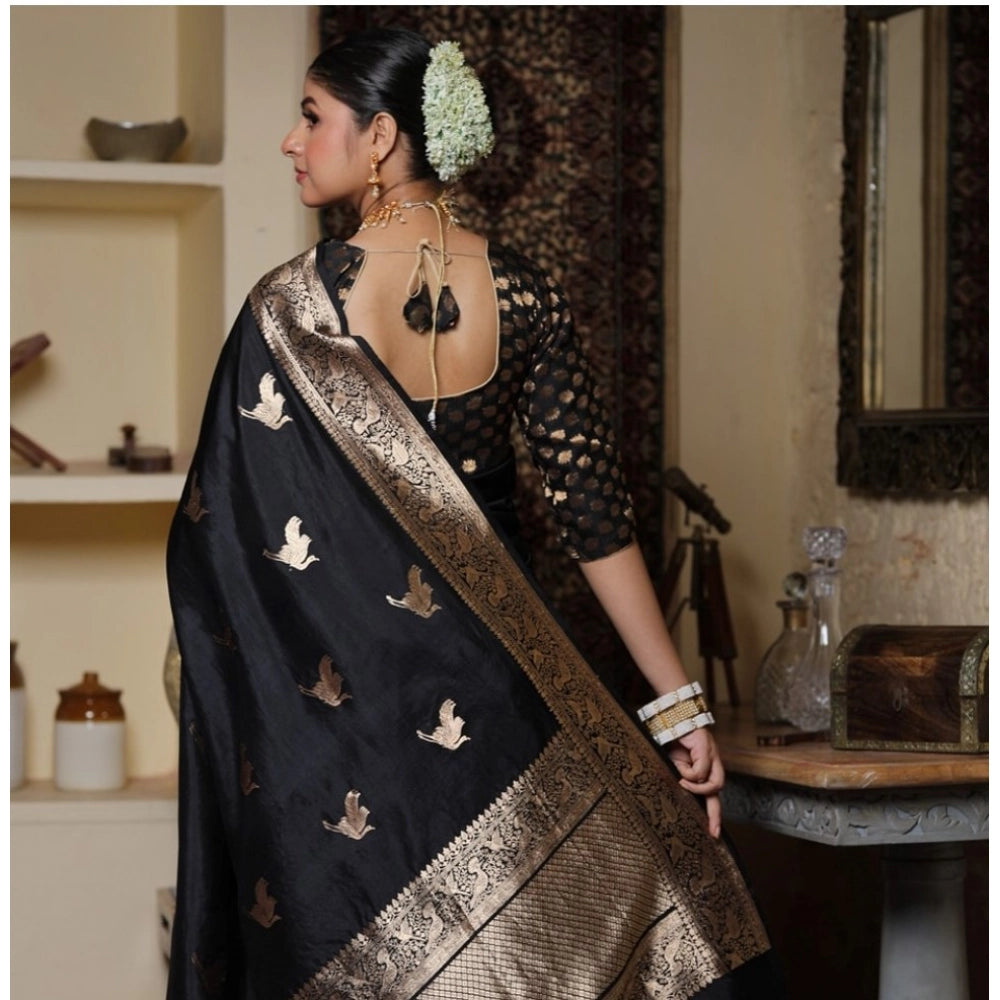 Generic Women's Silk Printed Saree With Unstitched Blouse 5.5Mtr (Black) Secondary image