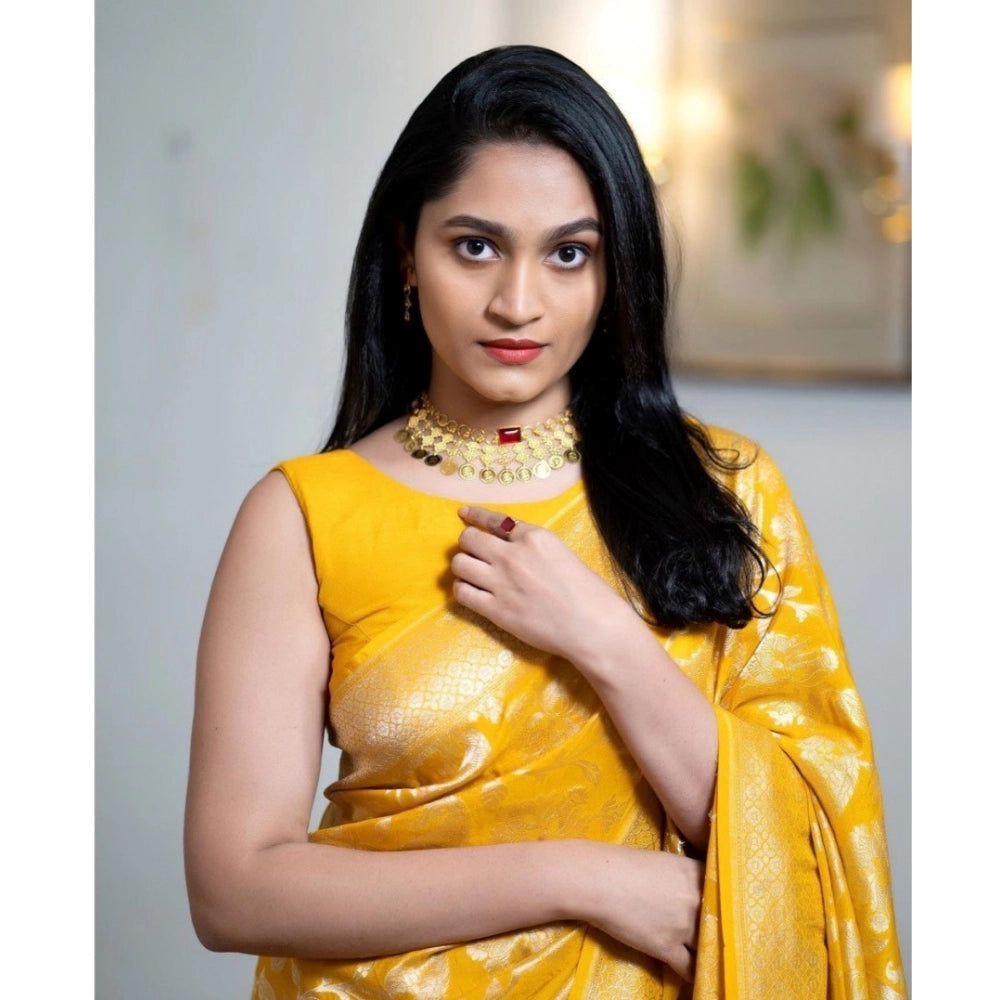 Generic Women's Silk Printed Saree With Unstitched Blouse 5.5Mtr (Yellow) Secondary image