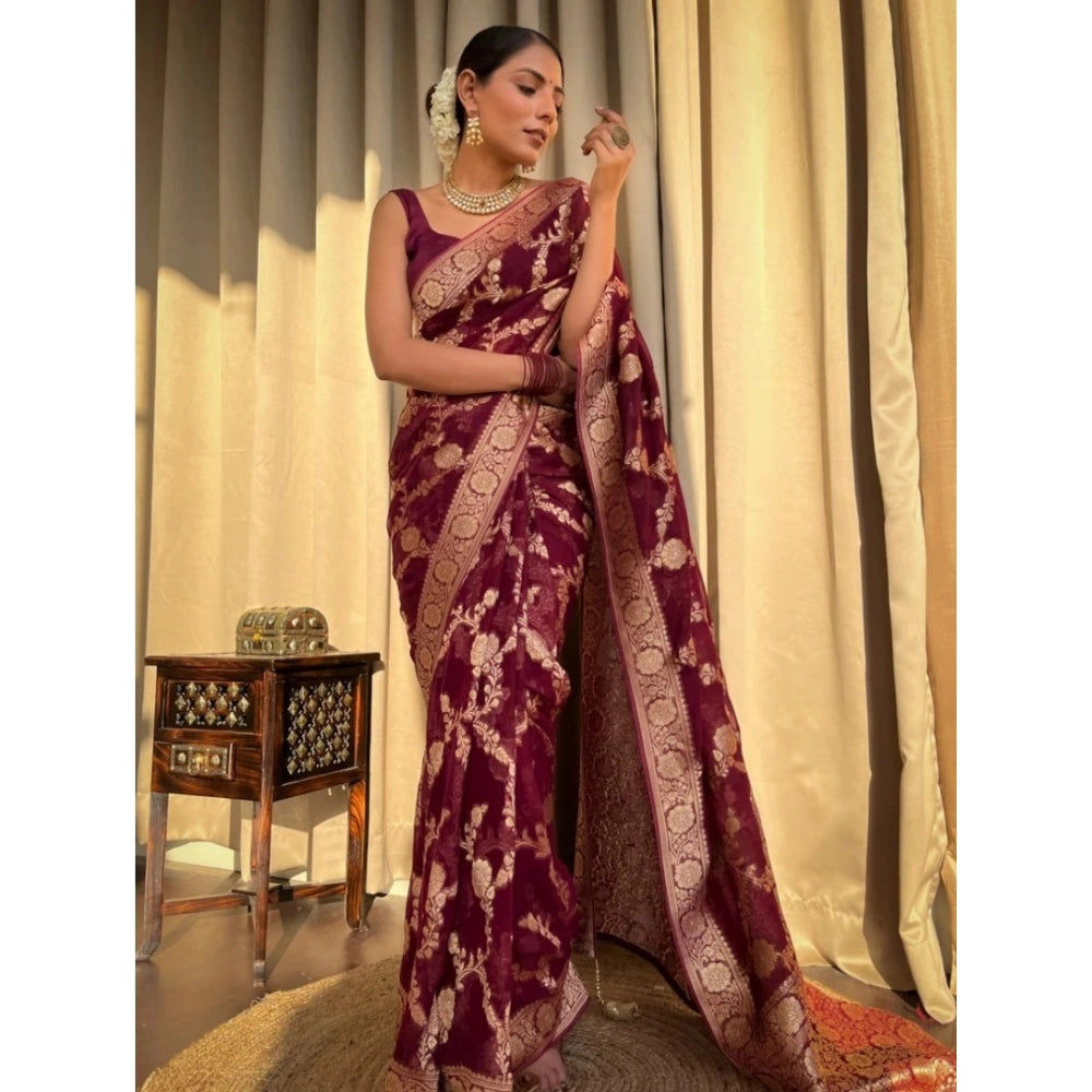 Generic Women's Silk Printed Saree With Unstitched Blouse 5.5Mtr (Maroon) Secondary image