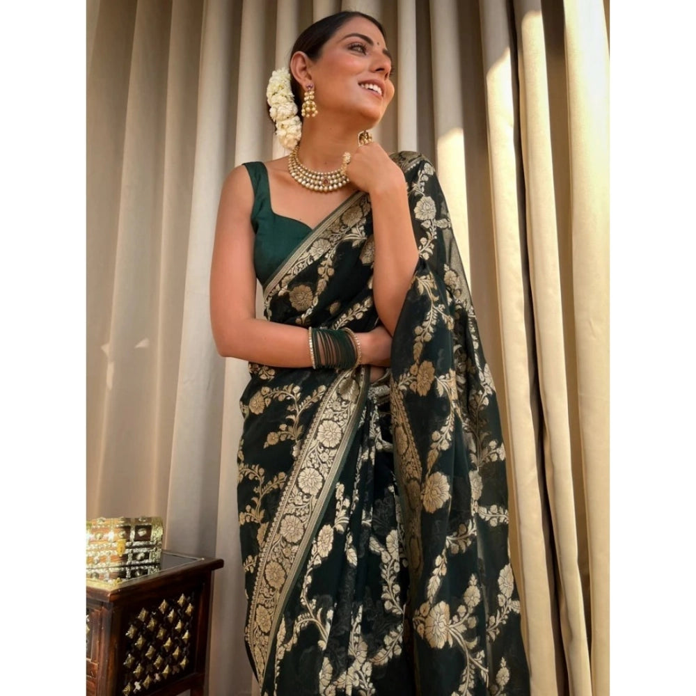Generic Women's Silk Printed Saree With Unstitched Blouse 5.5Mtr (Dark Green) Secondary image