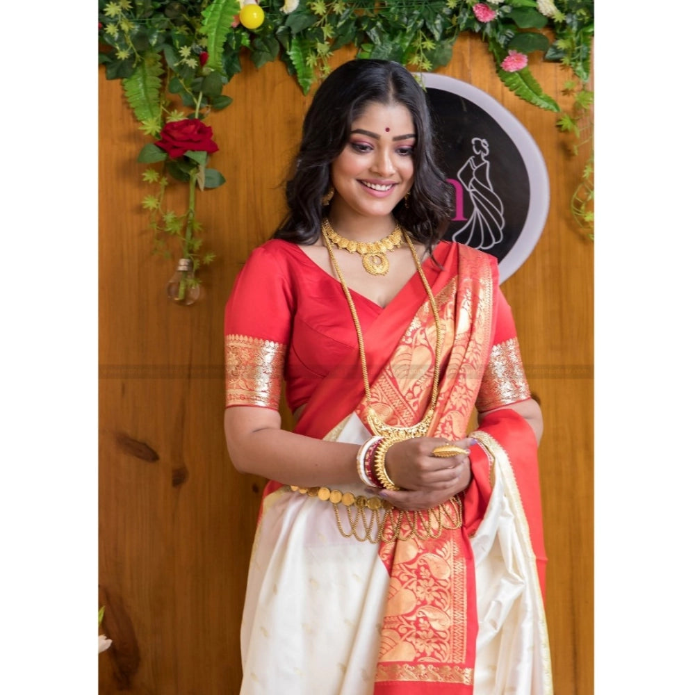 Generic Women's Silk Printed Saree With Unstitched Blouse 5.5Mtr (White-Red) Secondary image