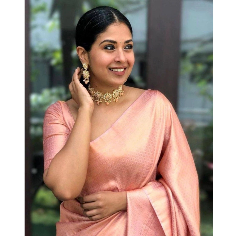 Generic Women's Silk Printed Saree With Unstitched Blouse 5.5Mtr (Peach) Secondary image