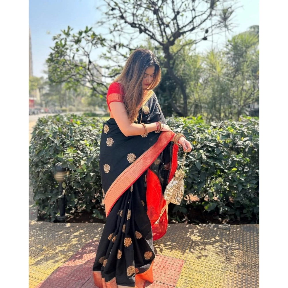 Generic Women's Silk Printed Saree With Unstitched Blouse 5.5Mtr (Black-Red) Secondary image