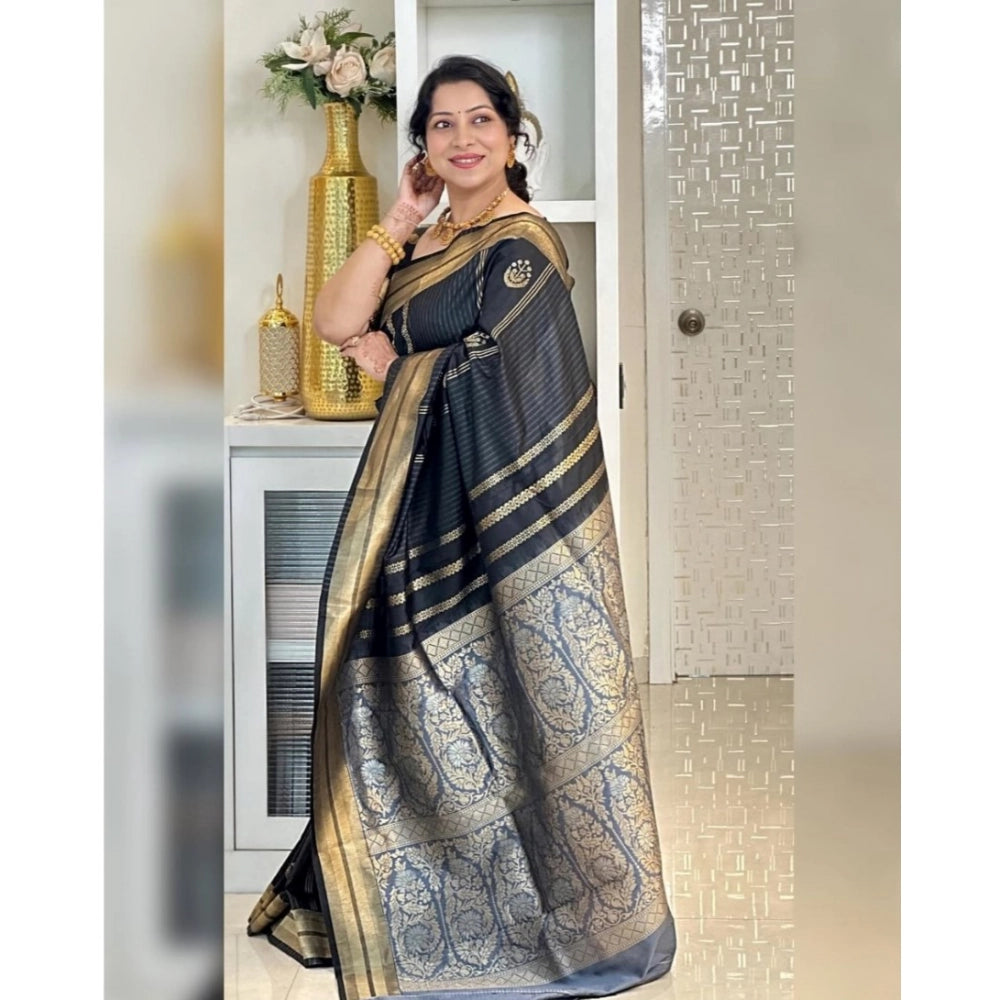 Generic Women's Silk Printed Saree With Unstitched Blouse 5.5Mtr (Black) Secondary image