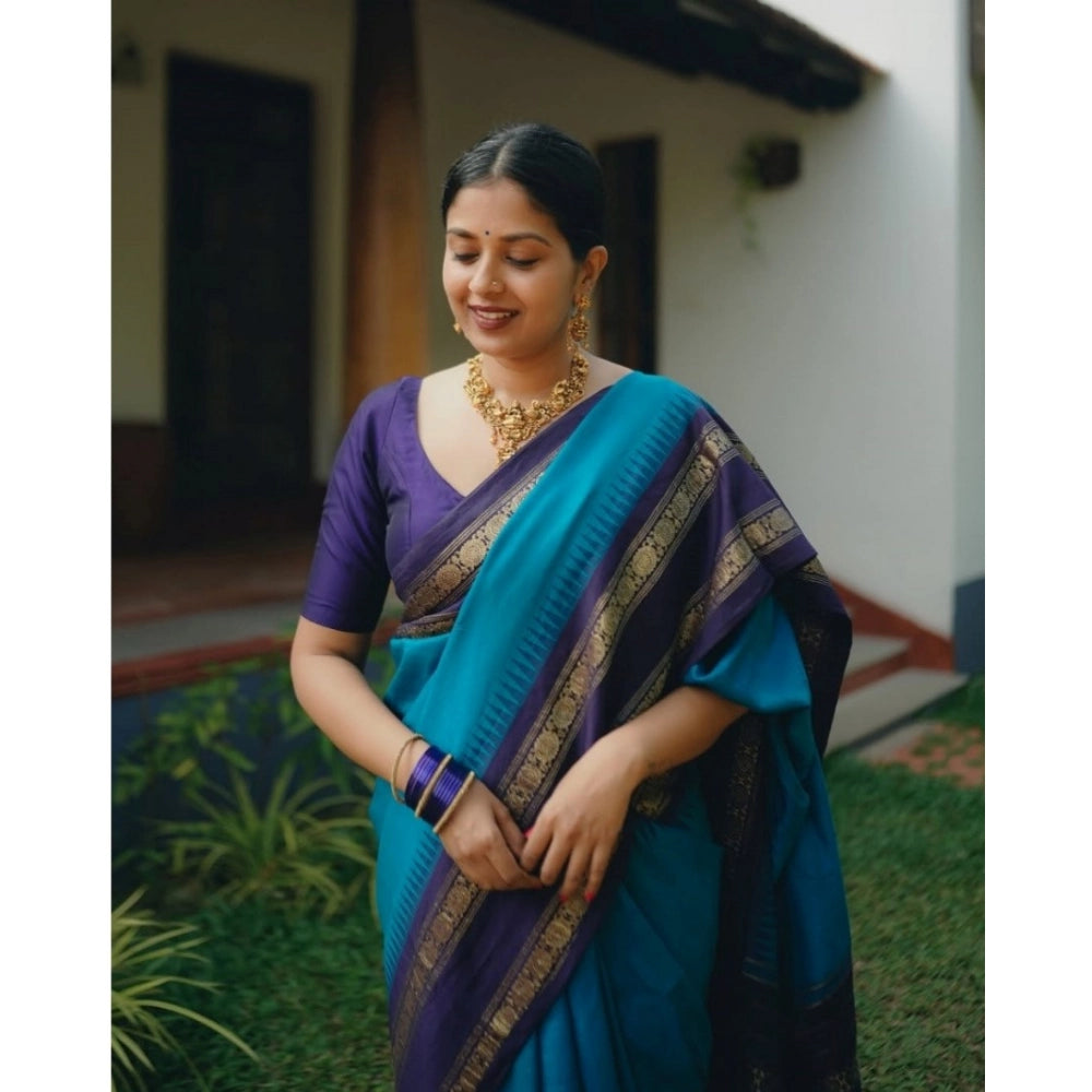 Generic Women's Silk Printed Saree With Unstitched Blouse 5.5Mtr (Blue) Secondary image