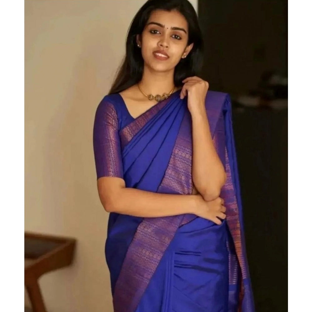 Generic Women's Silk Printed Saree With Unstitched Blouse 5.5Mtr (Blue) Secondary image