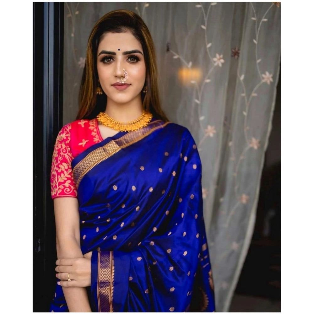 Generic Women's Silk Printed Saree With Unstitched Blouse 5.5Mtr (Blue) Secondary image