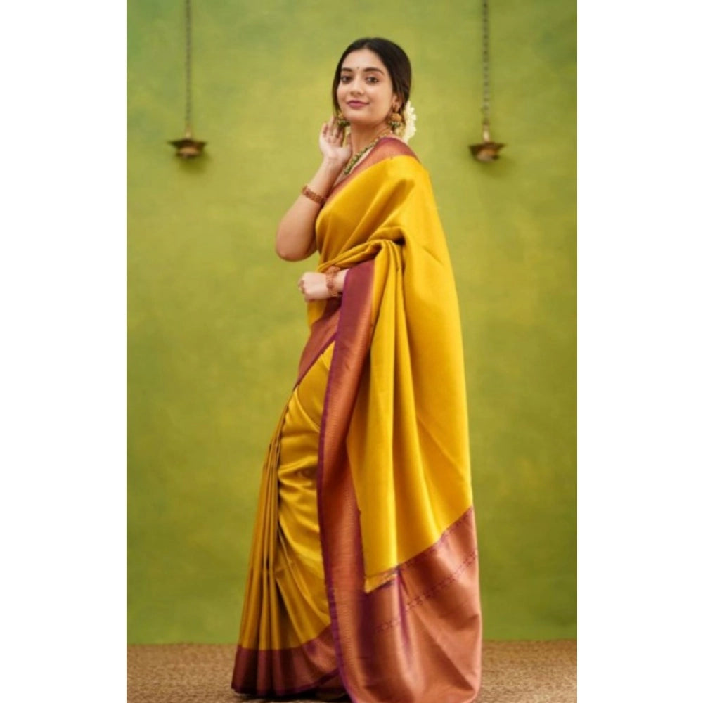 Generic Women's Silk Printed Saree With Unstitched Blouse 5.5Mtr (Yellow) Secondary image