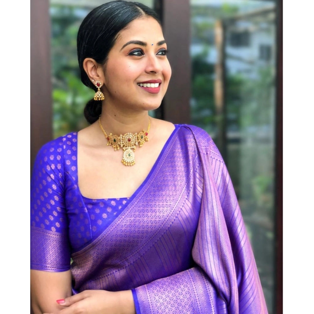 Generic Women's Silk Printed Saree With Unstitched Blouse 5.5Mtr (Blue) Secondary image