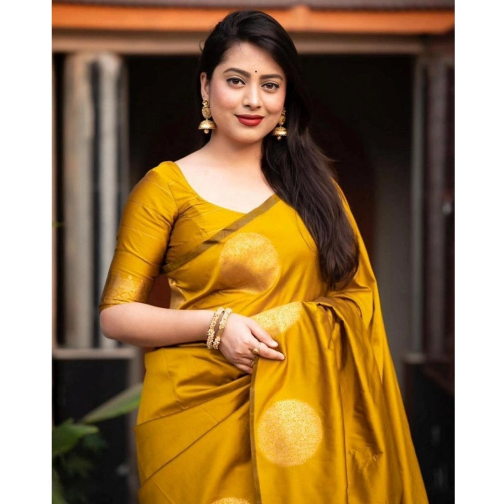 Generic Women's Silk Printed Saree With Unstitched Blouse 5.5Mtr (Yellow) Secondary image
