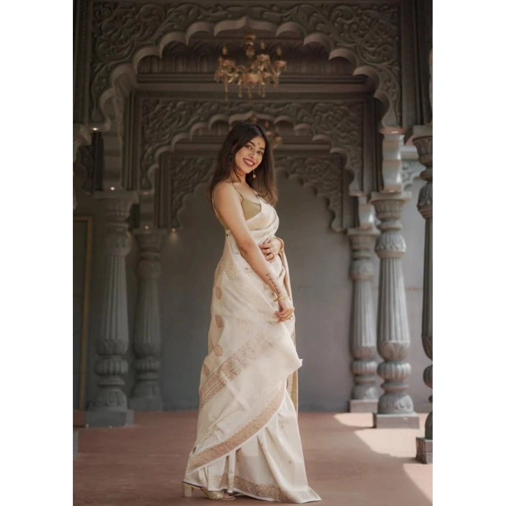 Generic Women's Cotton  Printed Saree With Unstitched Blouse 5.5Mtr (Cream) Secondary image