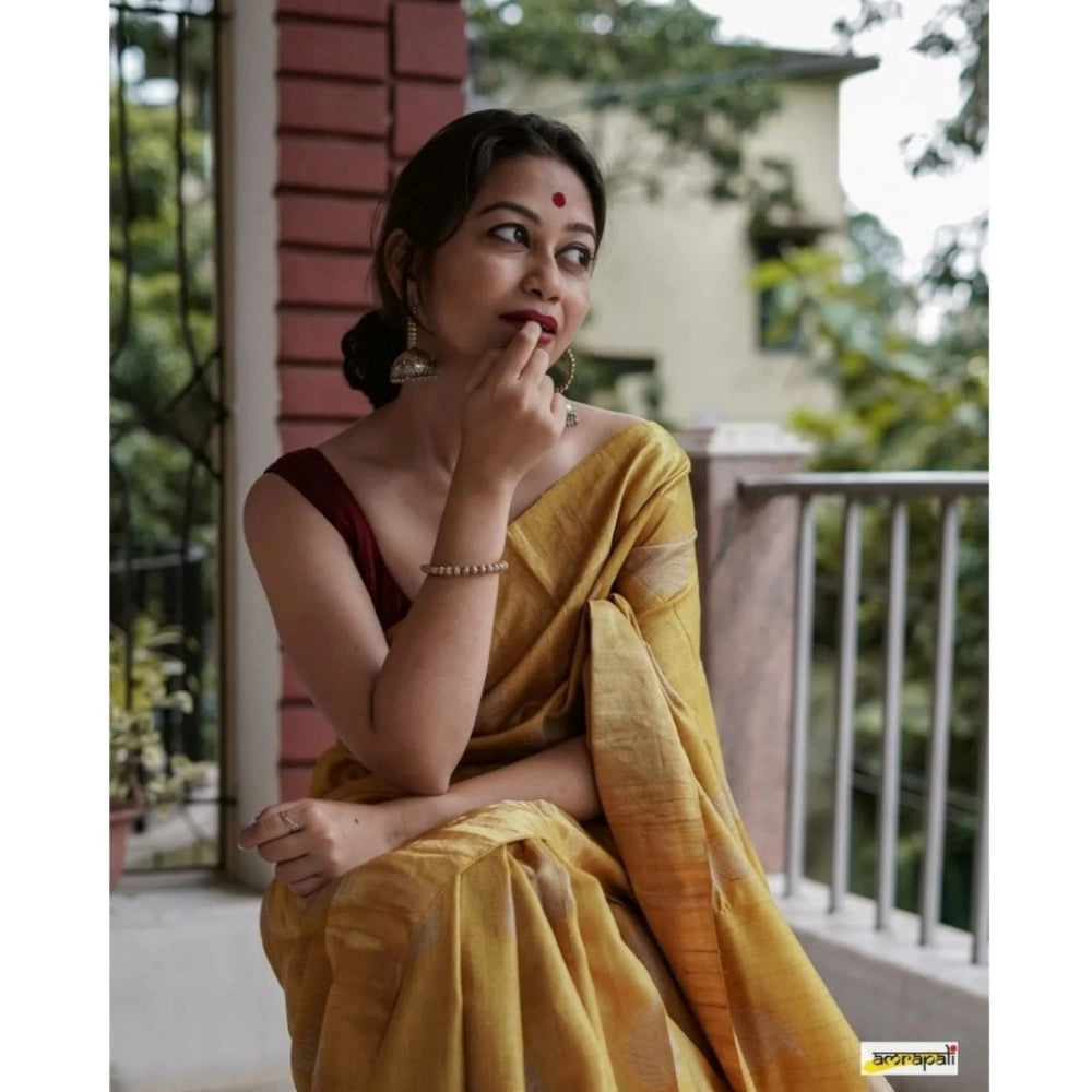 Generic Women's Silk Printed Saree With Unstitched Blouse 5.5Mtr (Yellow) Secondary image