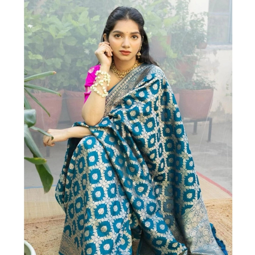 Generic Women's Silk Printed Saree With Unstitched Blouse 5.5Mtr (Sky Blue) Secondary image