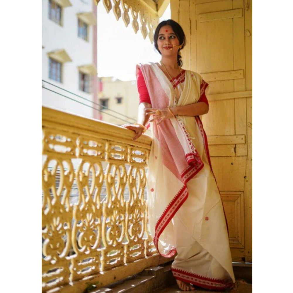 Generic Women's Cotton  Printed Saree With Unstitched Blouse 5.5Mtr (White) Secondary image