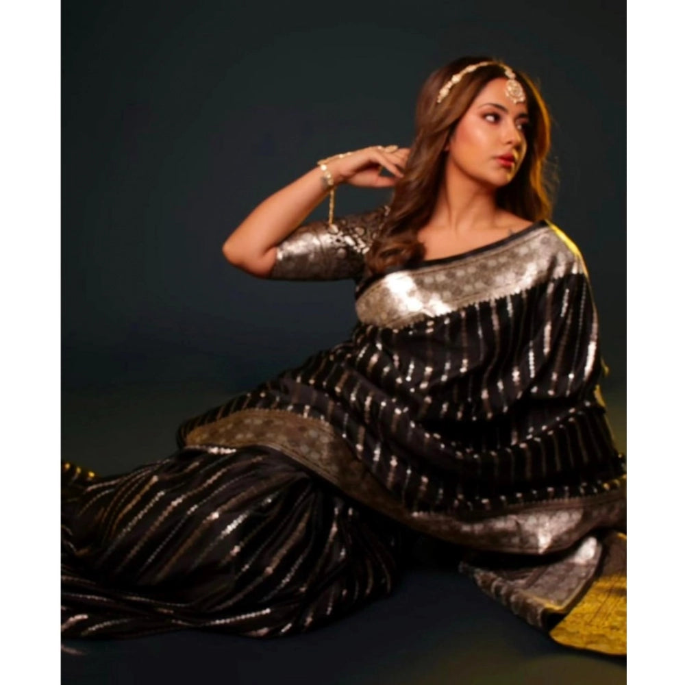 Generic Women's Silk Printed Saree With Unstitched Blouse 5.5Mtr (Black) Secondary image