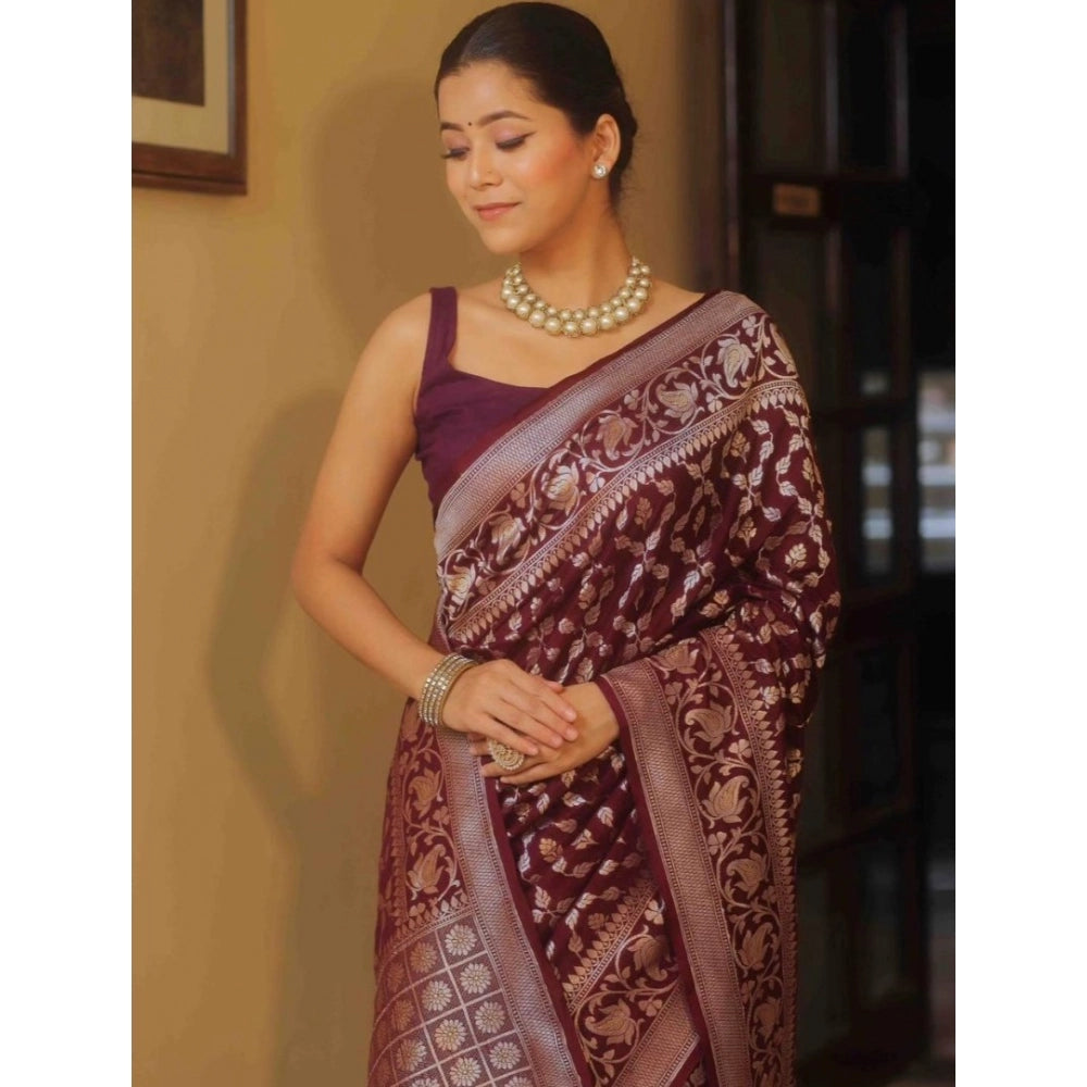 Generic Women's Silk Printed Saree With Unstitched Blouse 5.5Mtr (Maroon) Secondary image