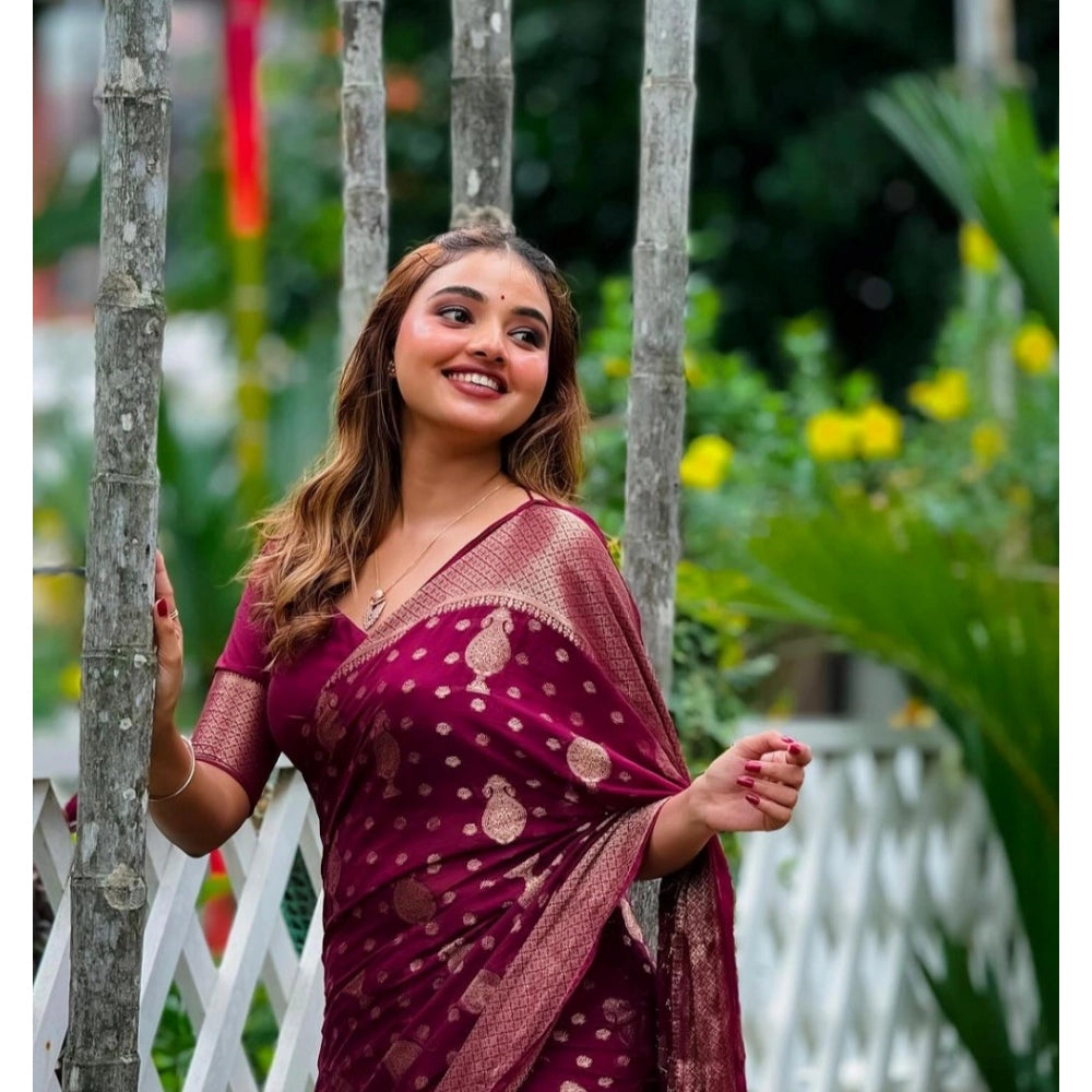Generic Women's Silk Printed Saree With Unstitched Blouse 5.5Mtr (Wine) Secondary image
