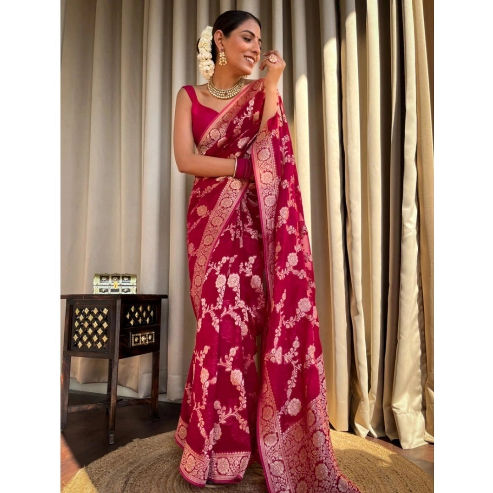 Generic Women's Silk Printed Saree With Unstitched Blouse 5.5Mtr (Pink) Secondary image