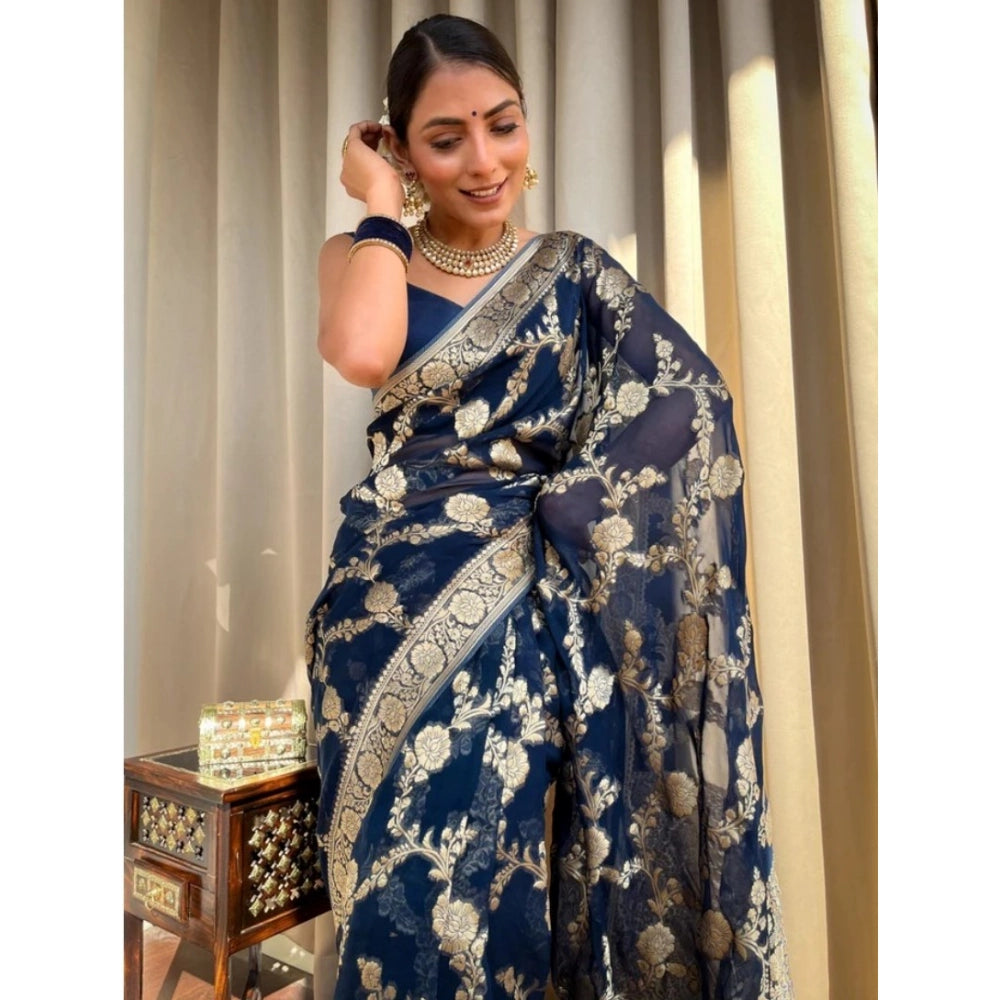 Generic Women's Silk Printed Saree With Unstitched Blouse 5.5Mtr (Dark Blue) Secondary image