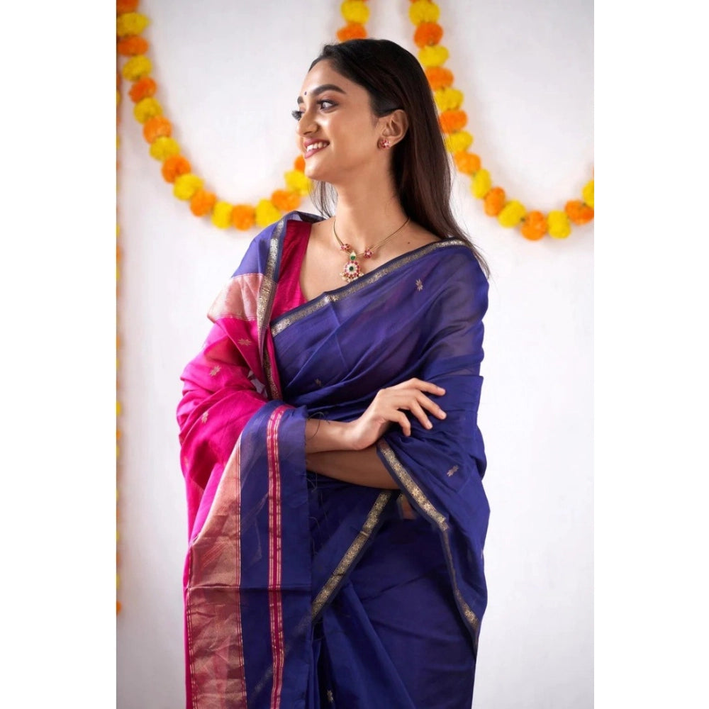 Generic Women's Cotton  Printed Saree With Unstitched Blouse 5.5Mtr (Blue) Secondary image