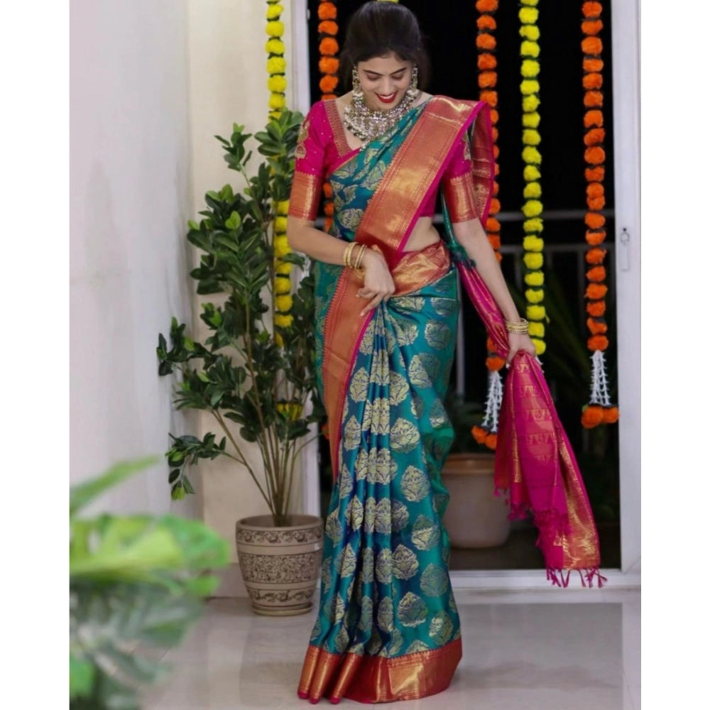 Generic Women's Silk Printed Saree With Unstitched Blouse 5.5Mtr (Teal Blue) Secondary image