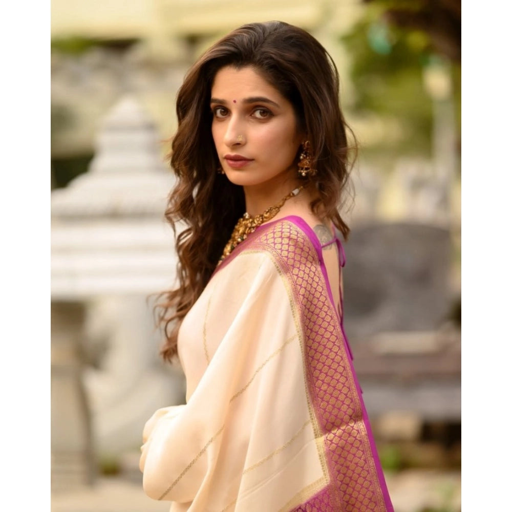Generic Women's Silk Printed Saree With Unstitched Blouse 5.5Mtr (Off White-Pink) Secondary image