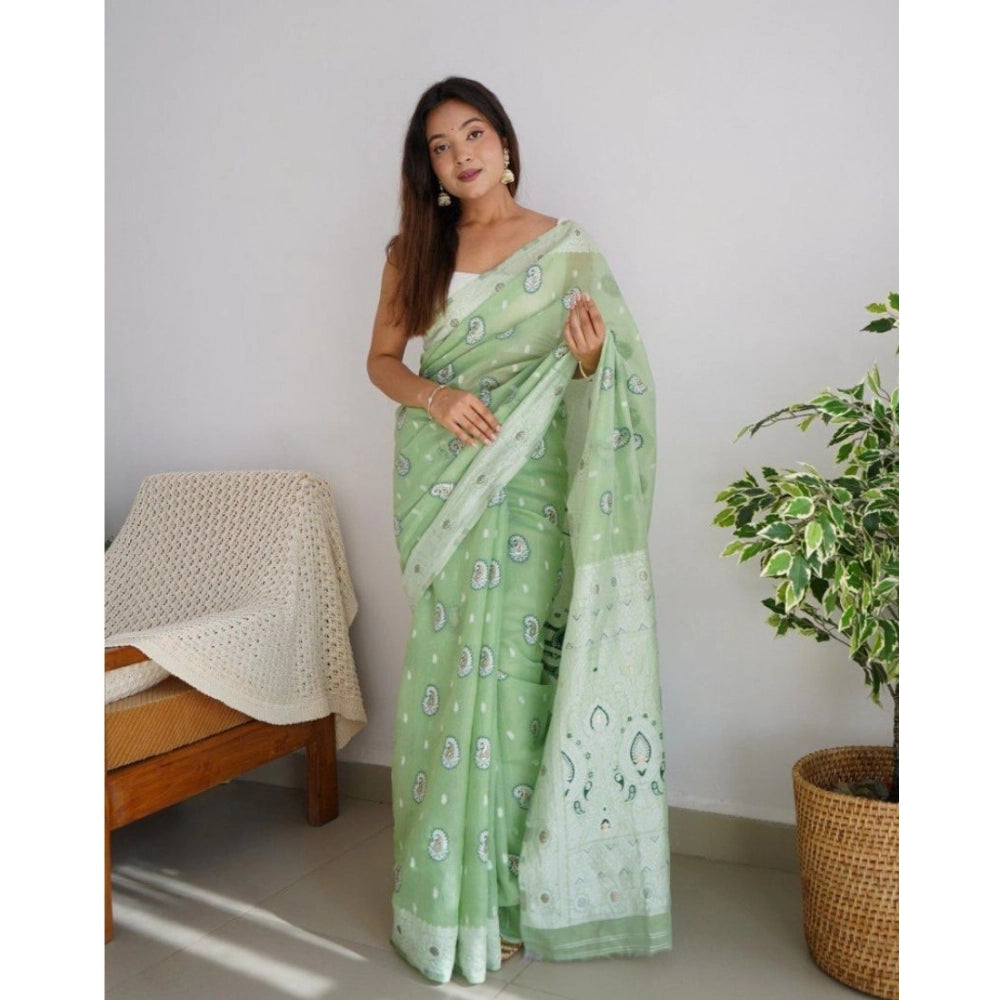 Generic Women's Cotton  Printed Saree With Unstitched Blouse 5.5Mtr (Pista)