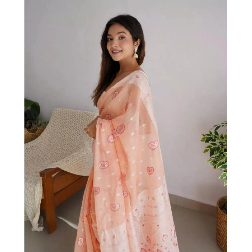 Generic Women's Cotton  Printed Saree With Unstitched Blouse 5.5Mtr (Peach) Secondary image