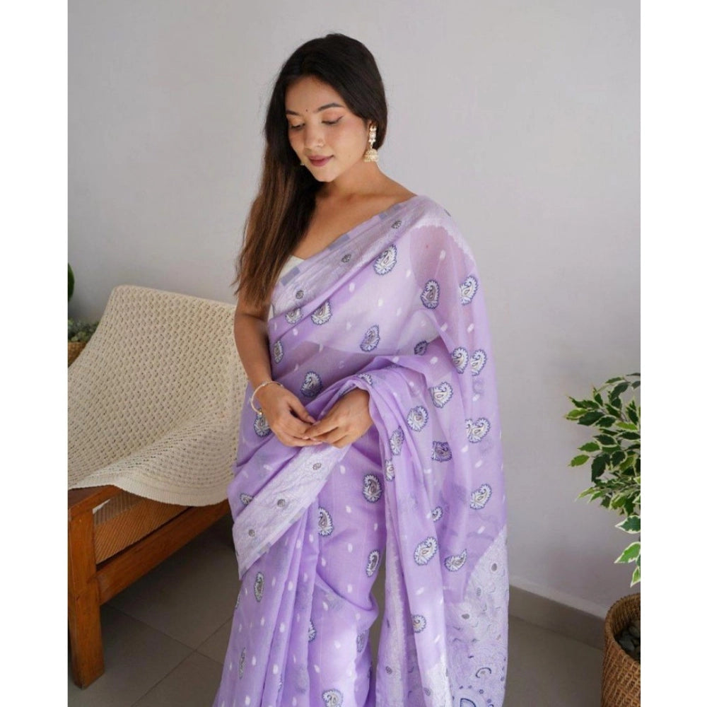 Generic Women's Cotton  Printed Saree With Unstitched Blouse 5.5Mtr (Lavender) Secondary image