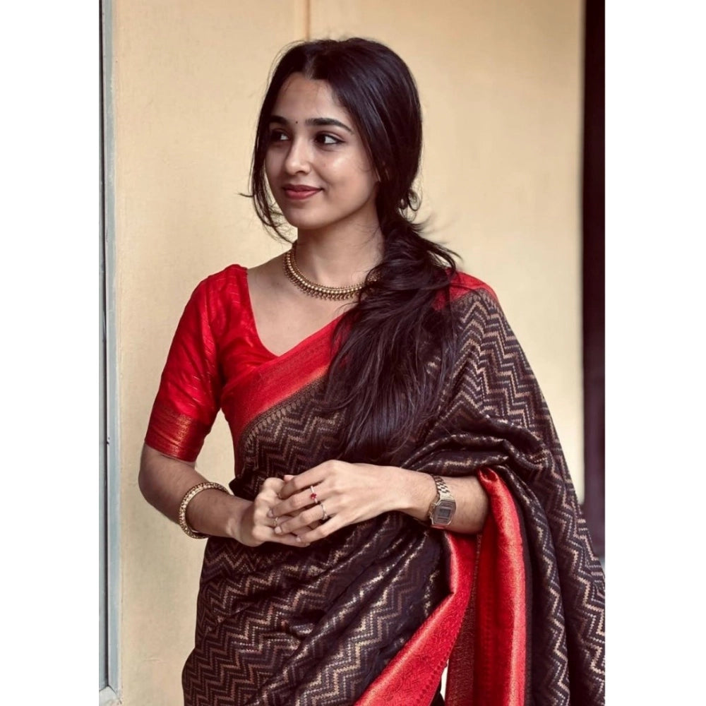Generic Women's Silk Printed Saree With Unstitched Blouse 5.5Mtr (Brown) Secondary image