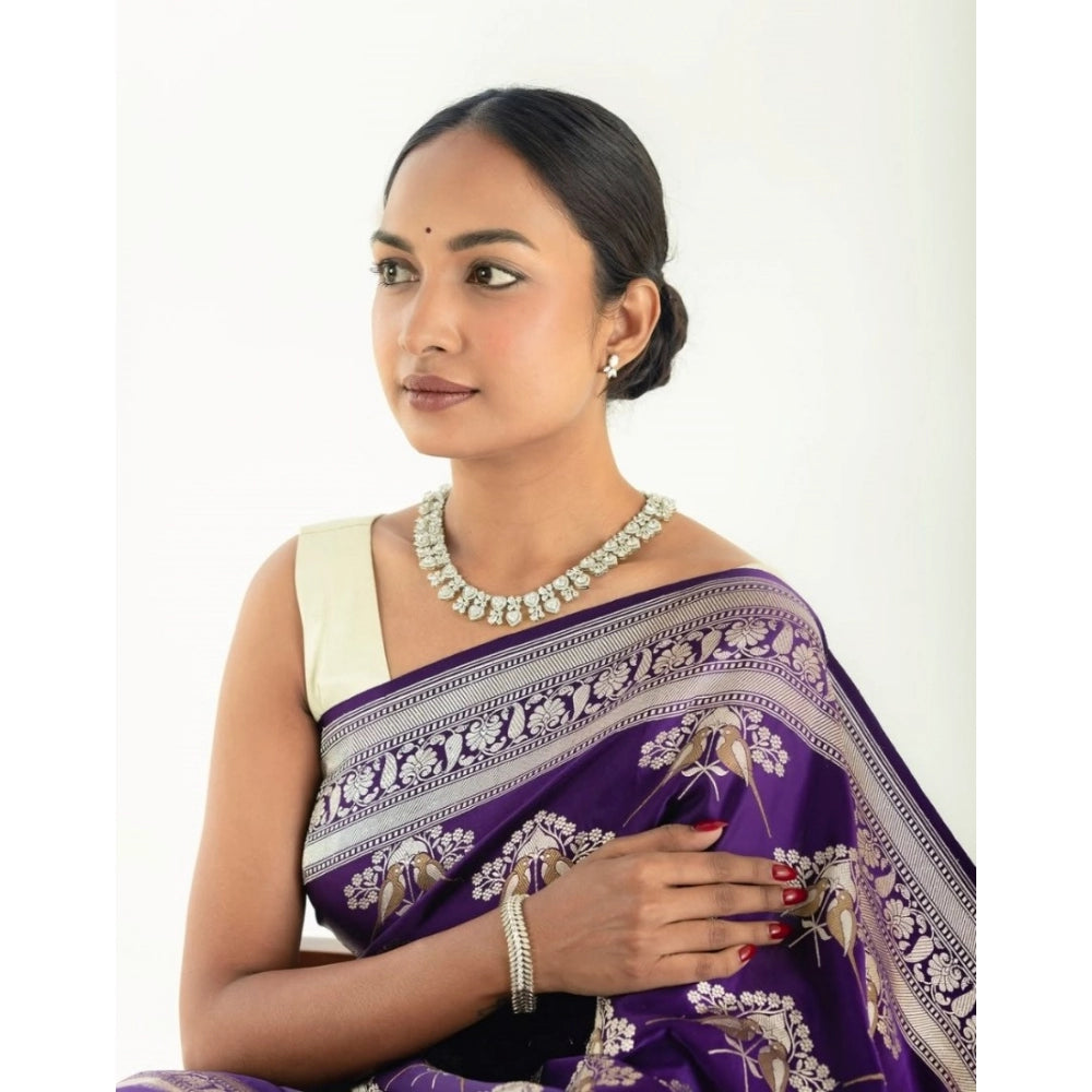 Generic Women's Silk Printed Saree With Unstitched Blouse 5.5Mtr (Purple) Secondary image